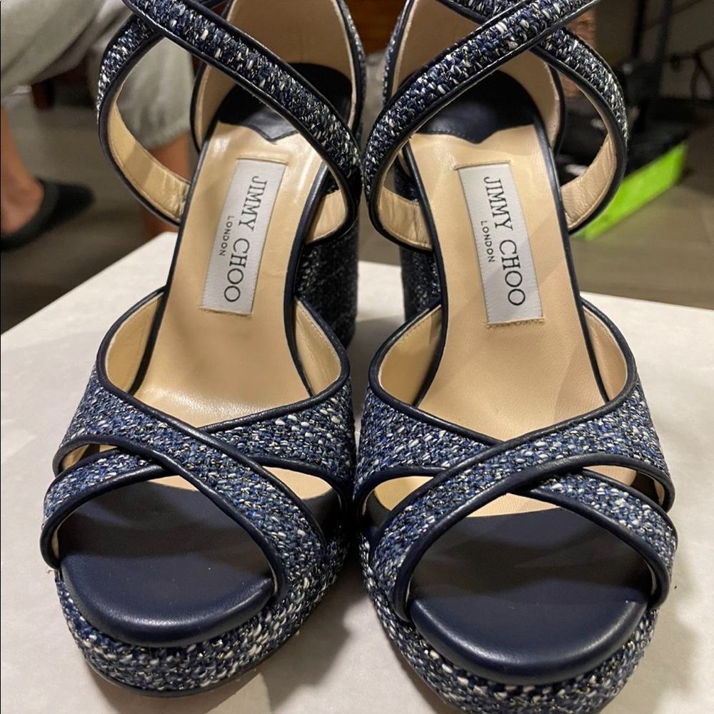 Jimmy Choo Blue Tweed Wedges - Picture 1 of 7